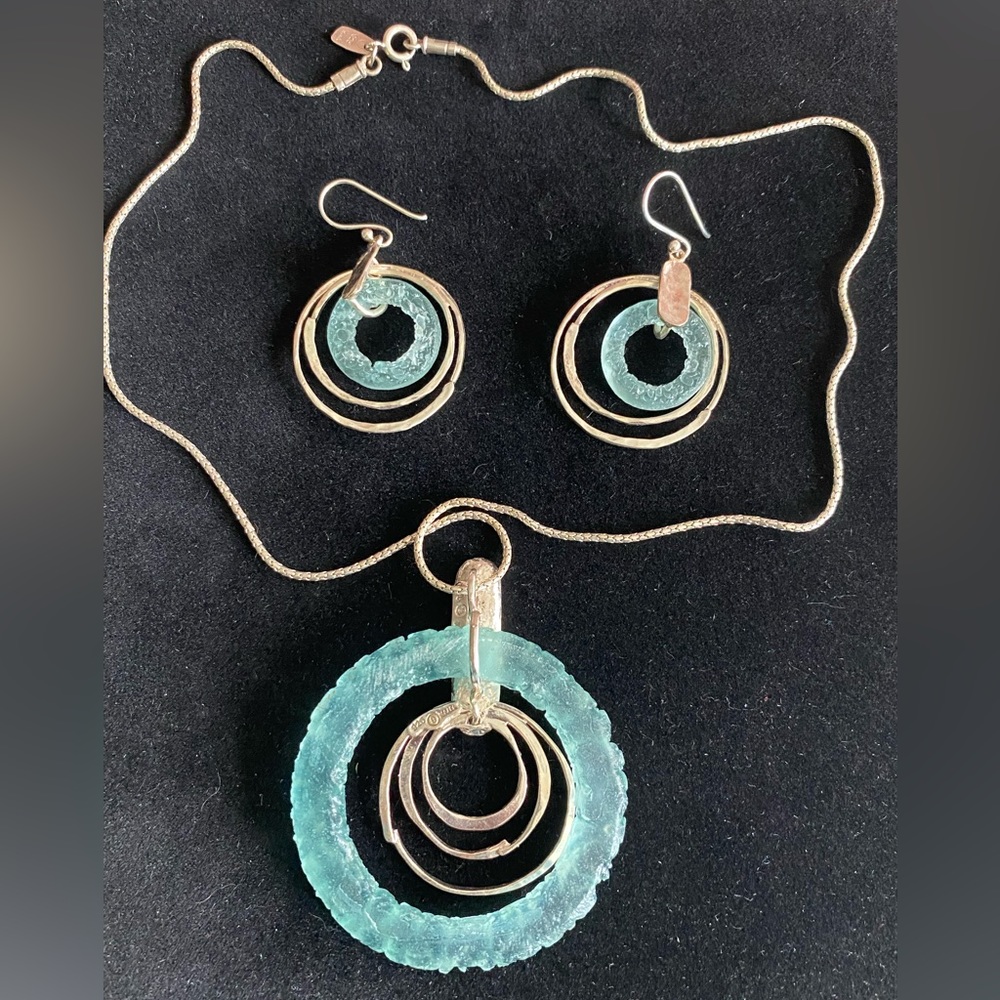 Israeli Jewelry Roman Glass Sterling Silver Necklace & Earrings Set